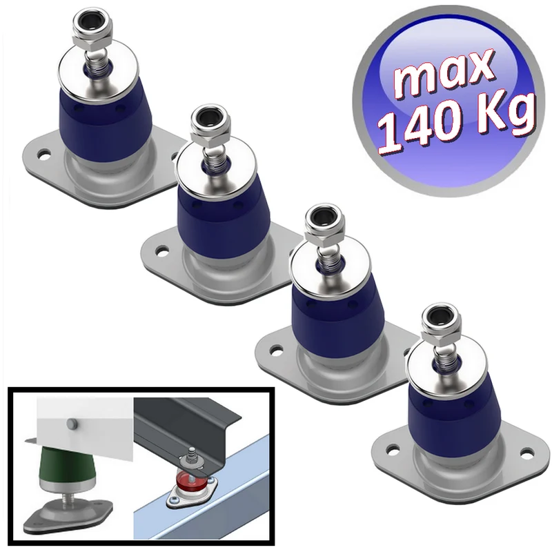 Ensemble de 4 supports anti-vibrations Megol avec base en H réglable, capacité 140 kg