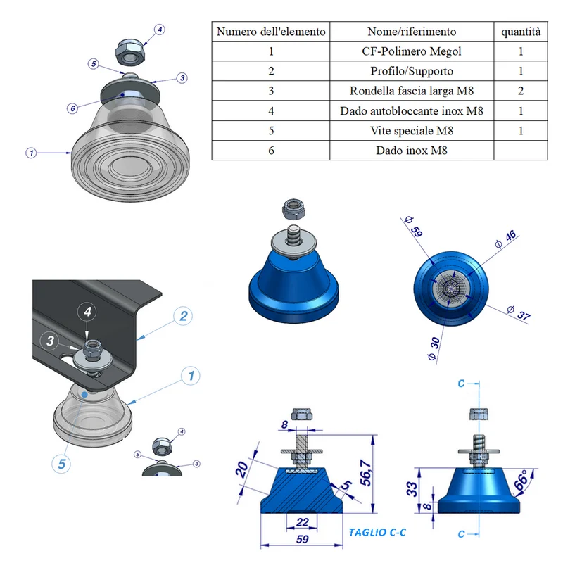 Ensemble de 4 supports de sol anti-vibrations en Megol, capacité de charge maximale 200 kg