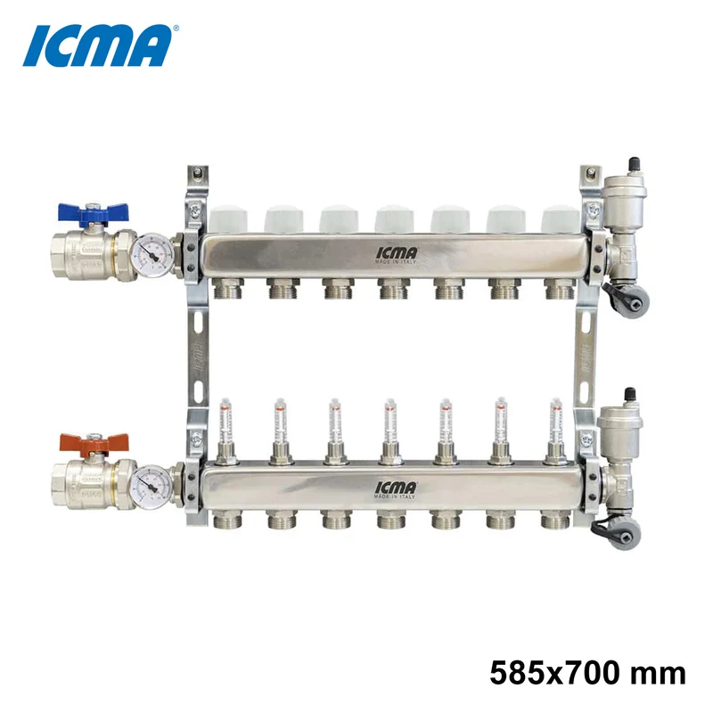 Collecteur ICMA K078 avec 8 raccords de chauffage, en acier inoxydable 1'' pour actionneurs M30