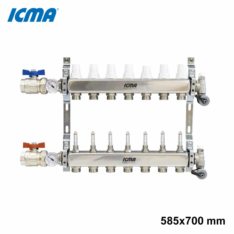 Collecteur ICMA K075 avec 8 raccords de chauffage, en acier inoxydable 1'' pour actionneurs M28