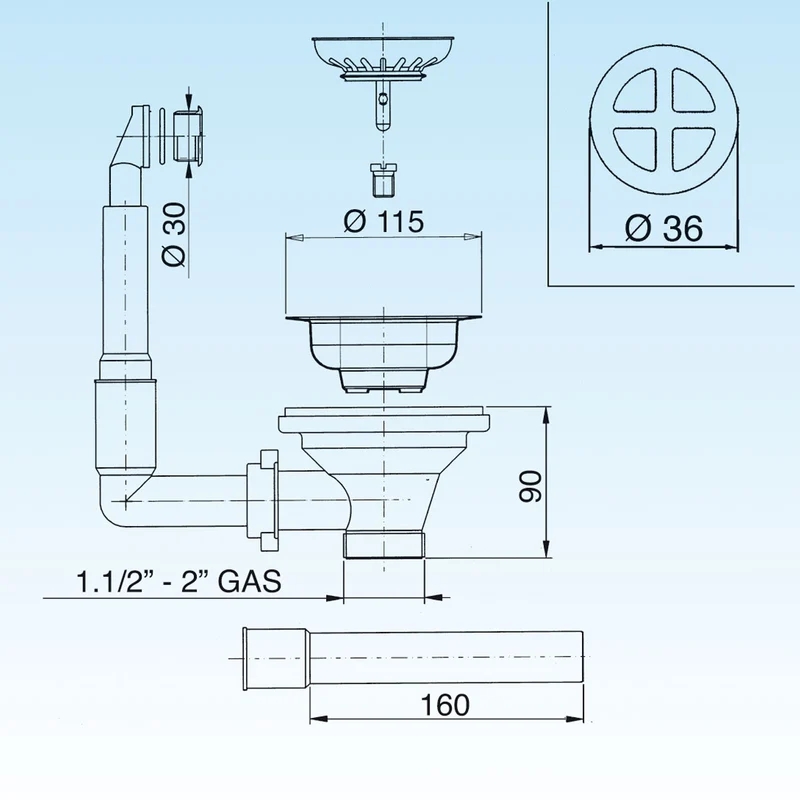 Trou de panier d'évier universel Ø 90 TP sortie ronde 1''1/2 GAZ