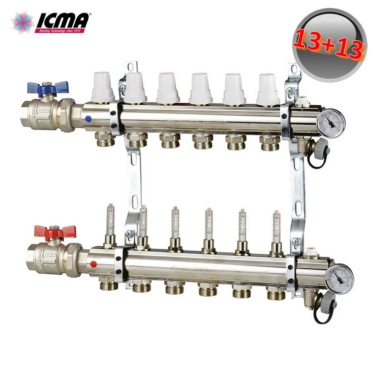 Collecteur ICMA K023 avec 13 raccords de chauffage en laiton de 1 pouce, avec robinets et débitmètres