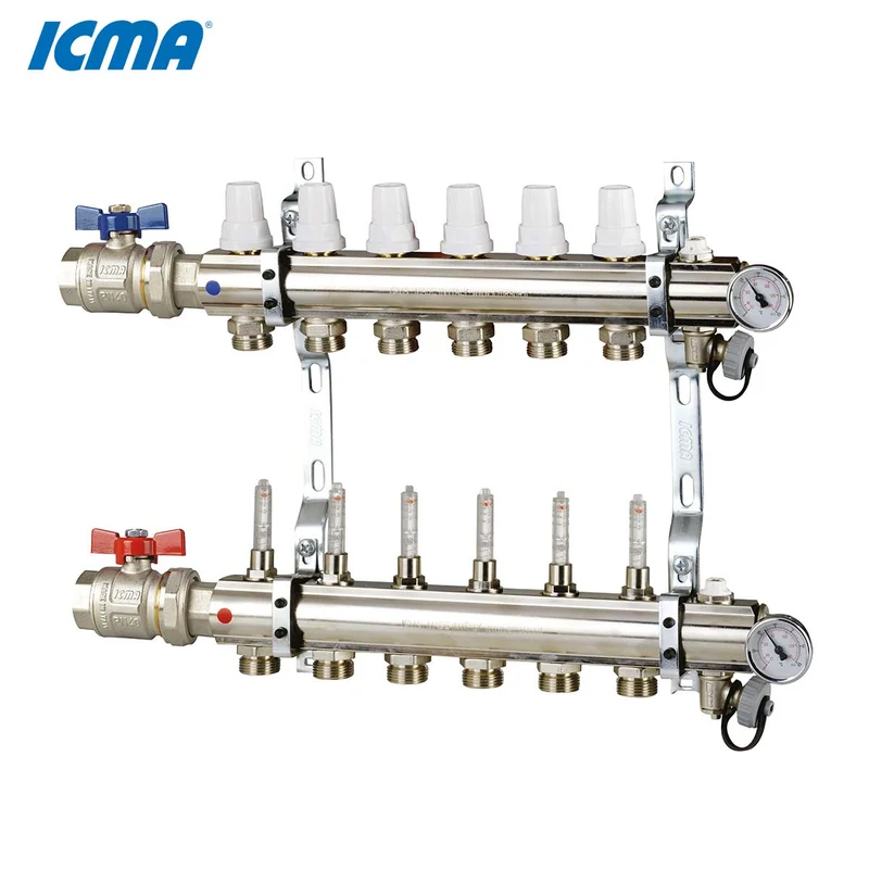 Collecteur ICMA K023 avec 11 raccords de chauffage en laiton de 1 pouce, avec robinets et débitmètres
