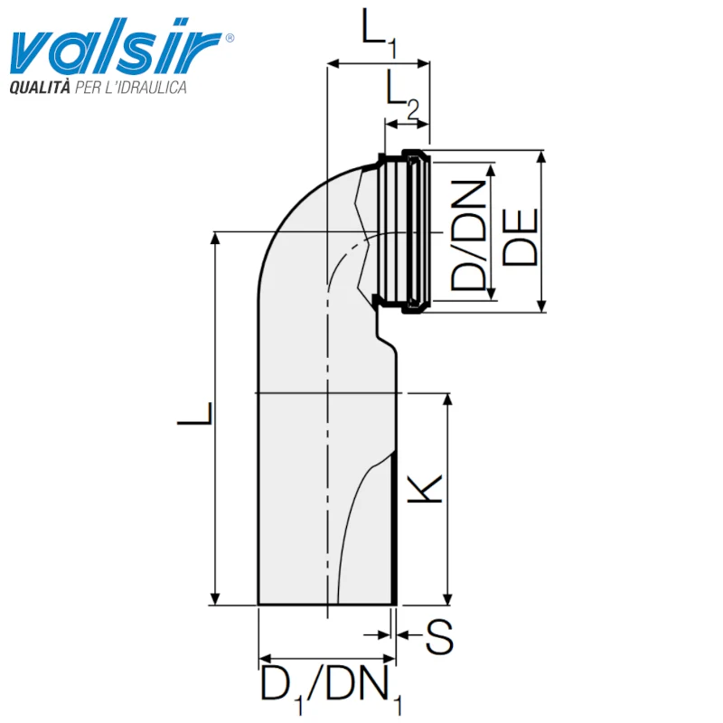 VALSIR CANALISATION DE WC SUSPENDUE COMPLÈTE AVEC JOINT ET BOUCHON D.90 L.230