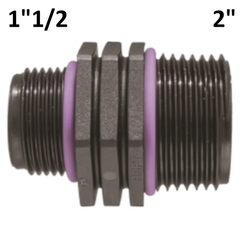 Tétons à embout réduit 2'' - 1''1/2 M-M en polypropylène PP avec joint torique d'étanchéité.
