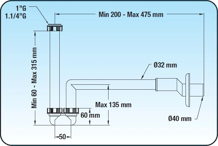 Siphon de bidet compact LIRA avec raccords 1" et 1"1/4".