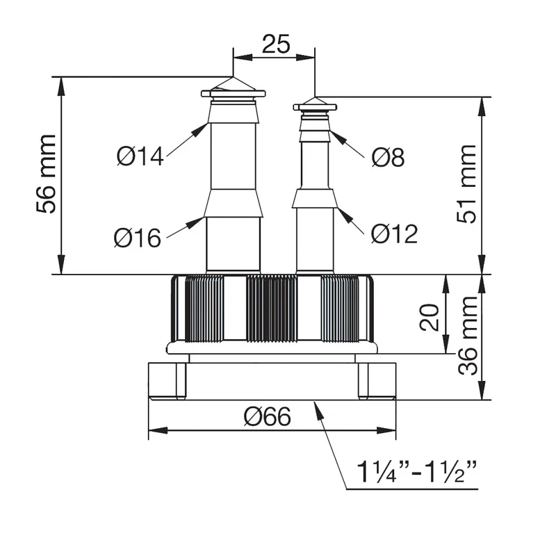 Raccord pour siphon d'évacuation 1''1/4 et 1''1/2 avec raccords de tuyau Ø 8-12-14-16 mm