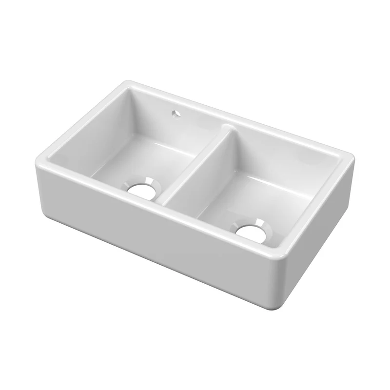 Nuie Traditional Double Bowl Butler Sink 795 X 500 X 220mm White Fireclay 220x795x500mm