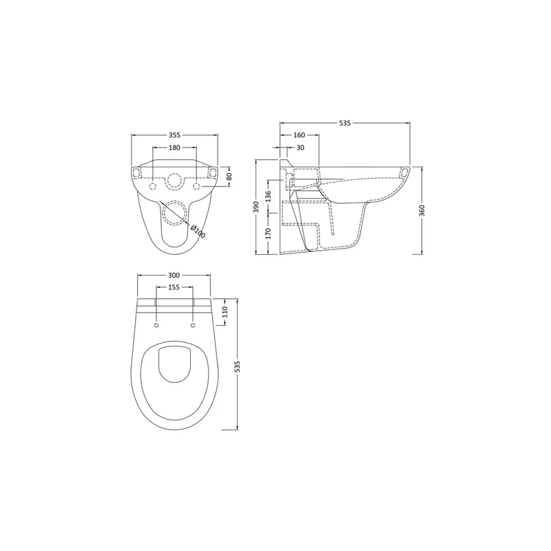 Nuie Melbourne Wall Hung Pan Contemporary White Vitreous China 360x355x515mm