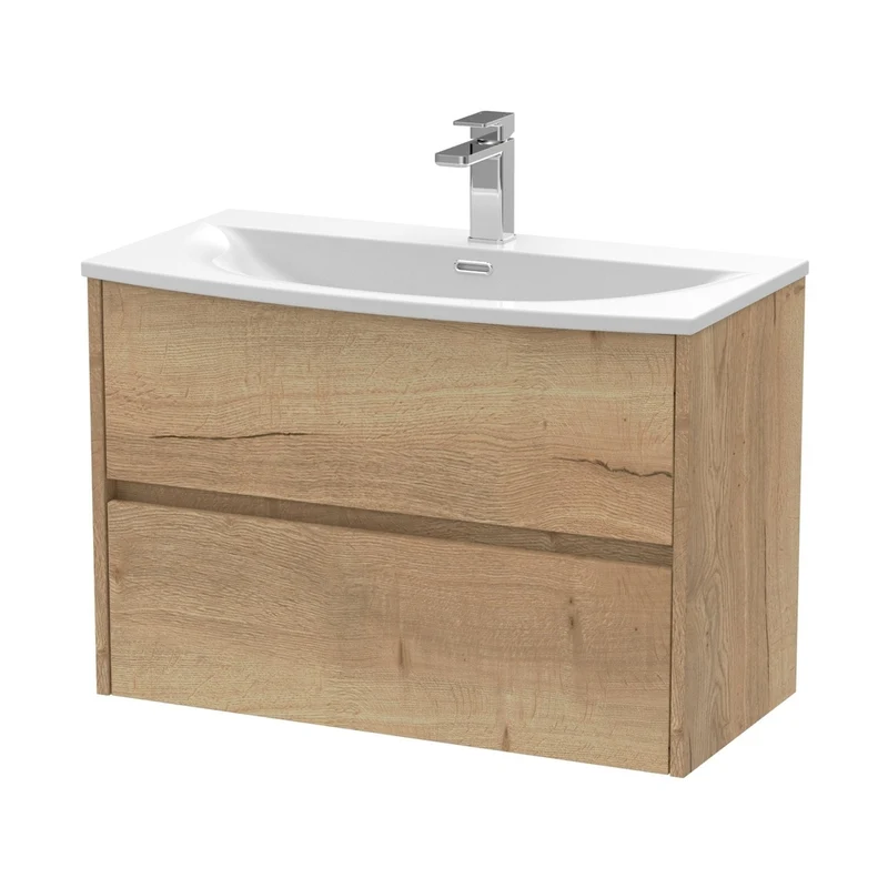 Nuie Havana 800mm Wall Hung 2 Drawer Unit & Basin 4 Contemporary Autumn Oak MFC Textured Woodgrain 564x810x440mm