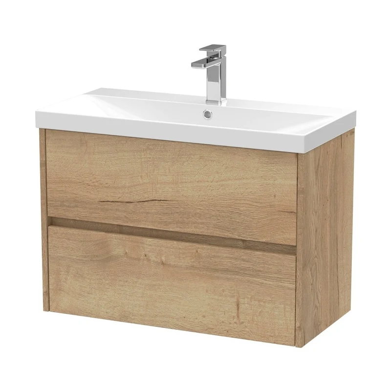 Nuie Havana 800mm Wall Hung 2 Drawer Unit & Basin 3 Contemporary Autumn Oak MFC Textured Woodgrain 589x810x395mm