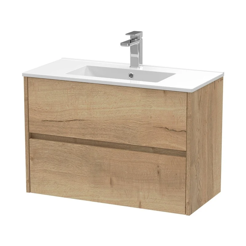 Nuie Havana 800mm Wall Hung 2 Drawer Unit & Basin 2 Contemporary Autumn Oak MFC Textured Woodgrain 557x800x390mm