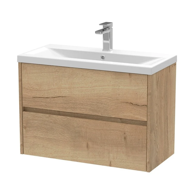 Nuie Havana 800mm Wall Hung 2 Drawer Unit & Basin 1 Contemporary Autumn Oak MFC Textured Woodgrain 579x810x390mm