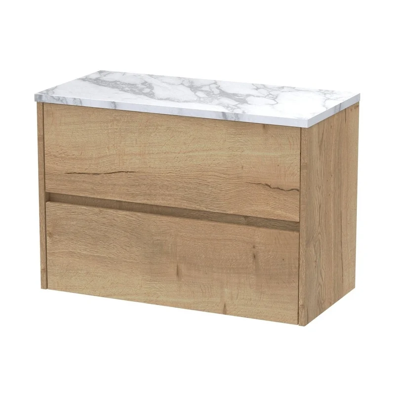 Nuie Havana 800 Wall Hung 2-drawer Unit & Laminate Worktop Contemporary Autumn Oak MFC Textured Woodgrain 561x805x390mm