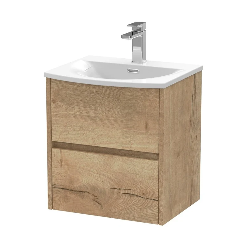 Nuie Havana 500mm Wall Hung 2 Drawer Unit & Basin 4 Contemporary Autumn Oak MFC Textured Woodgrain 564x510x440mm