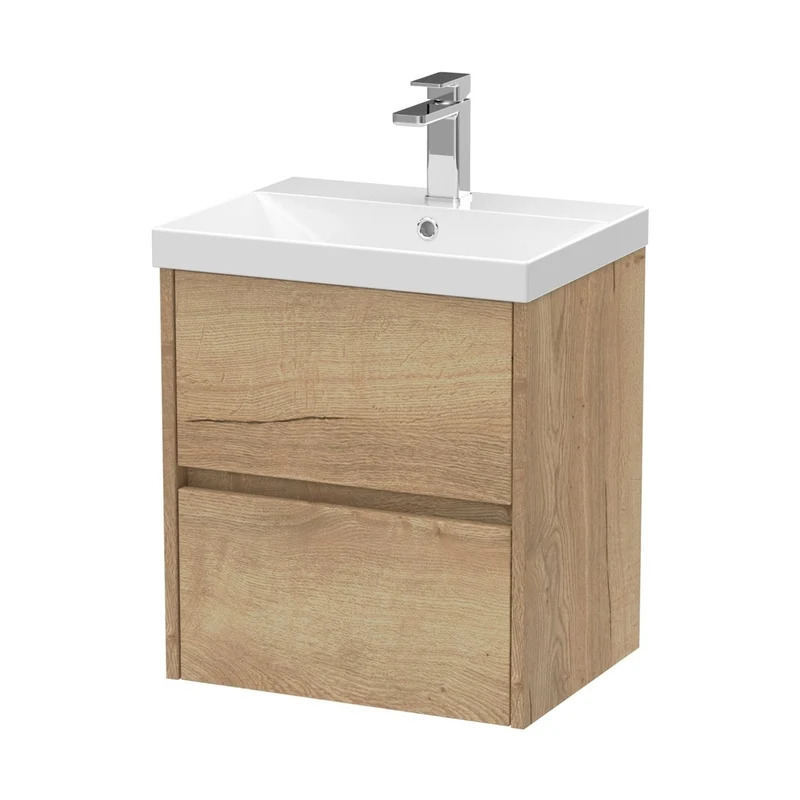 Nuie Havana 500mm Wall Hung 2 Drawer Unit & Basin 3 Contemporary Autumn Oak MFC Textured Woodgrain 589x510x395mm