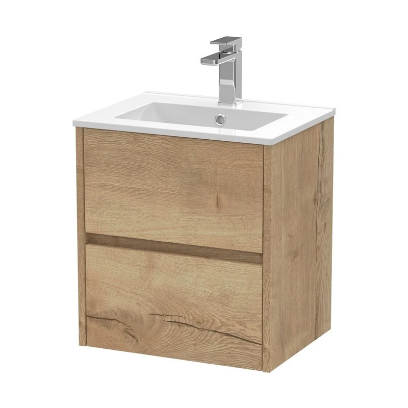 Nuie Havana 500mm Wall Hung 2 Drawer Unit & Basin 2 Contemporary Autumn Oak MFC Textured Woodgrain 557x500x390mm