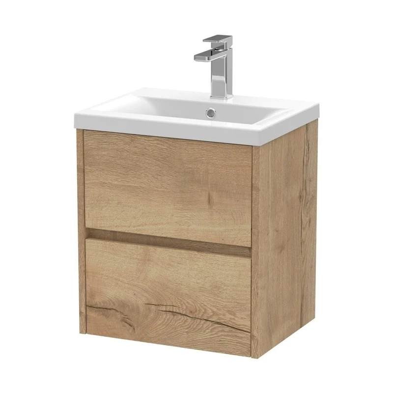 Nuie Havana 500mm Wall Hung 2 Drawer Unit & Basin 1 Contemporary Autumn Oak MFC Textured Woodgrain 579x510x390mm