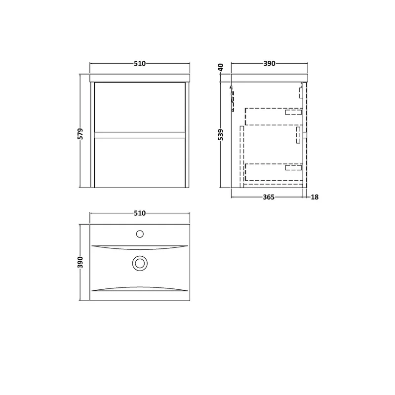 Nuie Havana 500mm Wall Hung 2 Drawer Unit & Basin 1 Contemporary Autumn Oak MFC Textured Woodgrain 579x510x390mm