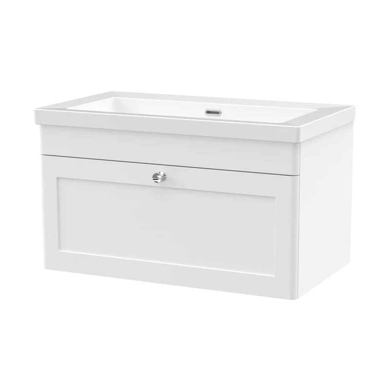 Nuie Classique 800mm Wall Hung Single Drawer Vanity With Basin - 0 Tap Hole Traditional Satin White Fireclay 476x813x462mm