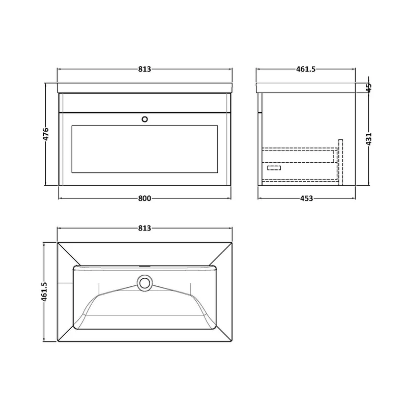Nuie Classique 800mm Wall Hung Single Drawer Vanity With Basin - 0 Tap Hole Traditional Satin White Fireclay 476x813x462mm