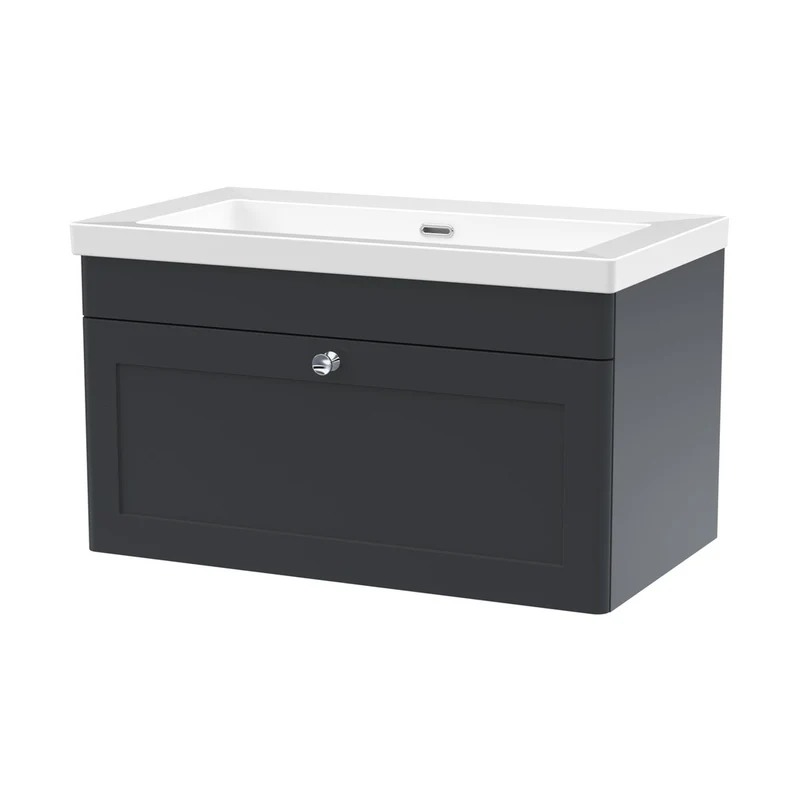 Nuie Classique 800mm Wall Hung Single Drawer Vanity With Basin - 0 Tap Hole Traditional Soft Black Fireclay 476x813x462mm