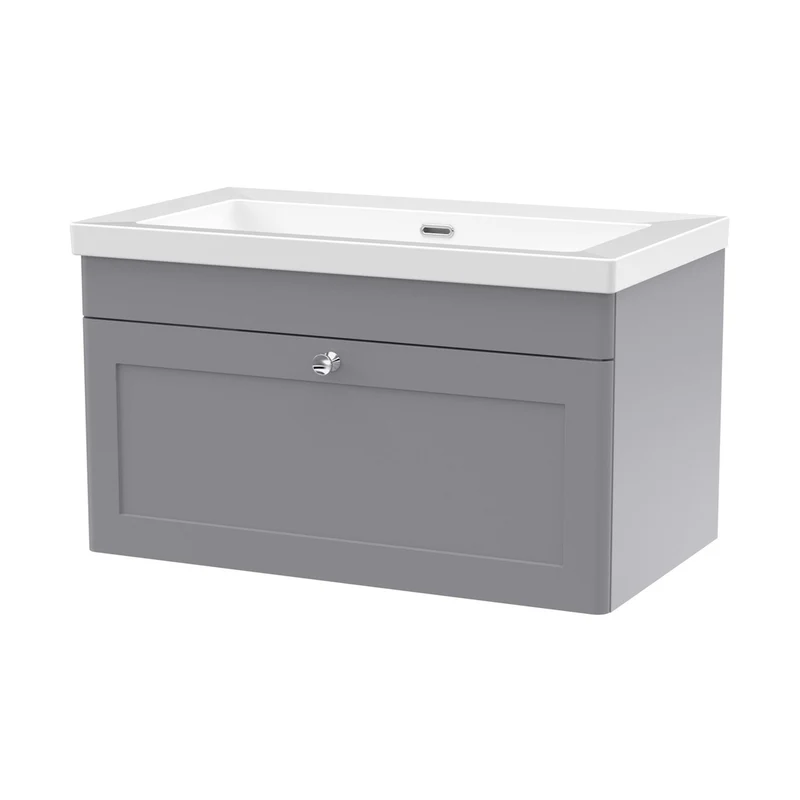 Nuie Classique 800mm Wall Hung Single Drawer Vanity With Basin - 0 Tap Hole Traditional Satin Grey Fireclay 476x813x462mm