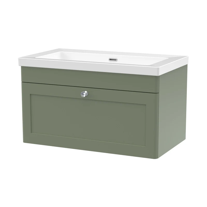 Nuie Classique 800mm Wall Hung Single Drawer Vanity With Basin - 0 Tap Hole Traditional Satin Green Fireclay 476x813x462mm
