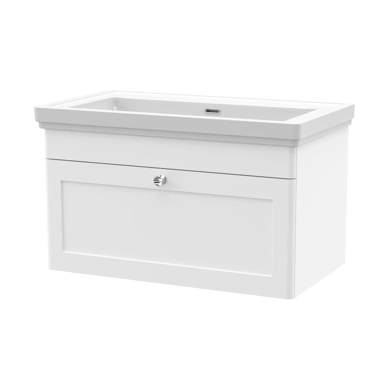 Nuie Classique 800mm Wall Hung 1 Drawer Vanity & Basin 0th Traditional Satin White MFC Painted Matt 452x830x470mm