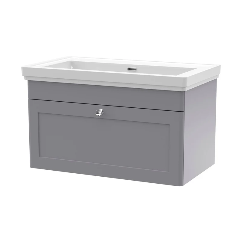 Nuie Classique 800mm Wall Hung 1 Drawer Vanity & Basin 0th Traditional Satin Grey MFC Painted Matt 452x830x470mm