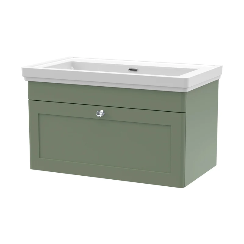 Nuie Classique 800mm Wall Hung 1 Drawer Vanity & Basin 0th Traditional Satin Green MFC Painted Matt 452x830x470mm