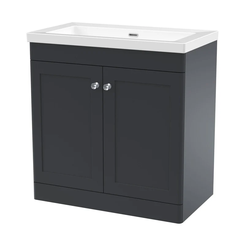 Nuie Classique 800mm Floor Standing 2-door Vanity With Basin - 0 Tap Hole Traditional Soft Black Fireclay 845x813x462mm