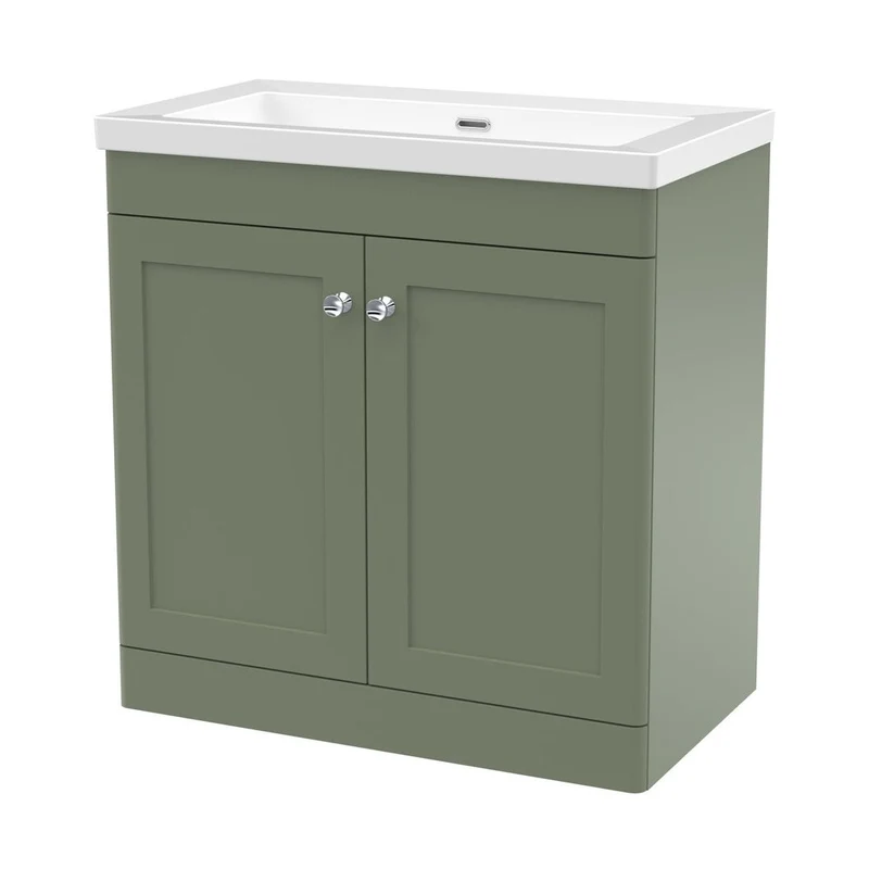 Nuie Classique 800mm Floor Standing 2-door Vanity With Basin - 0 Tap Hole Traditional Satin Green Fireclay 845x813x462mm