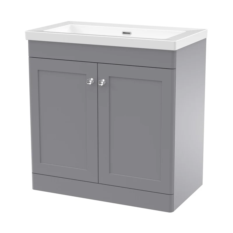 Nuie Classique 800mm Floor Standing 2-door Vanity With Basin - 0 Tap Hole Traditional Satin Grey Fireclay 845x813x462mm