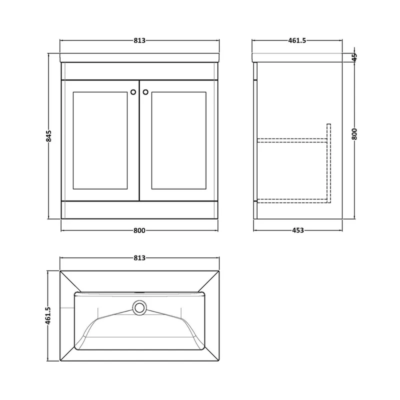 Nuie Classique 800mm Floor Standing 2-door Vanity With Basin - 0 Tap Hole Traditional Satin Grey Fireclay 845x813x462mm