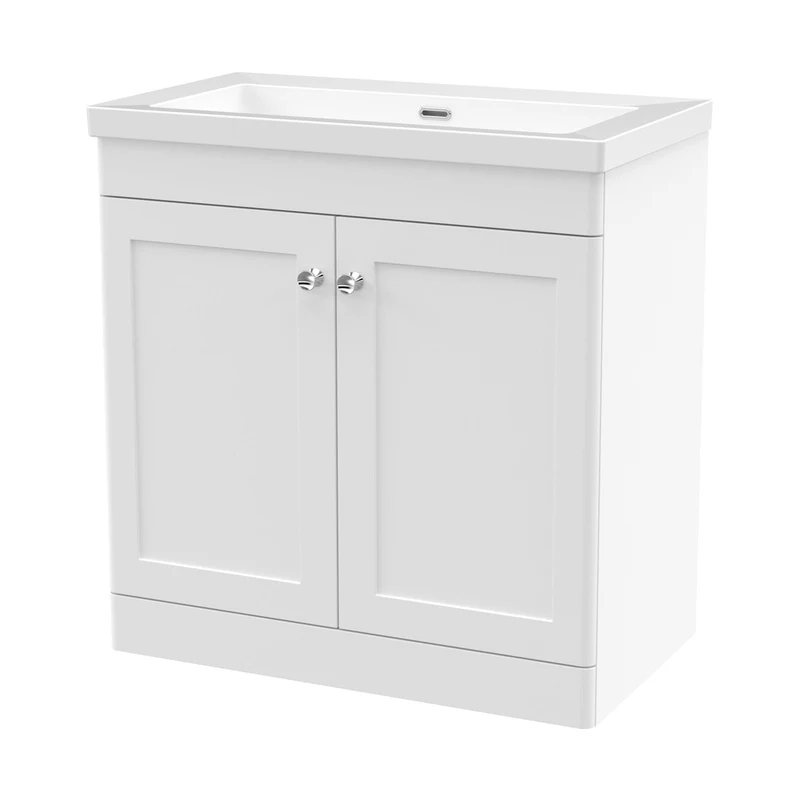 Nuie Classique 800mm Floor Standing 2-door Vanity With Basin - 0 Tap Hole Traditional Satin White Fireclay 845x813x462mm