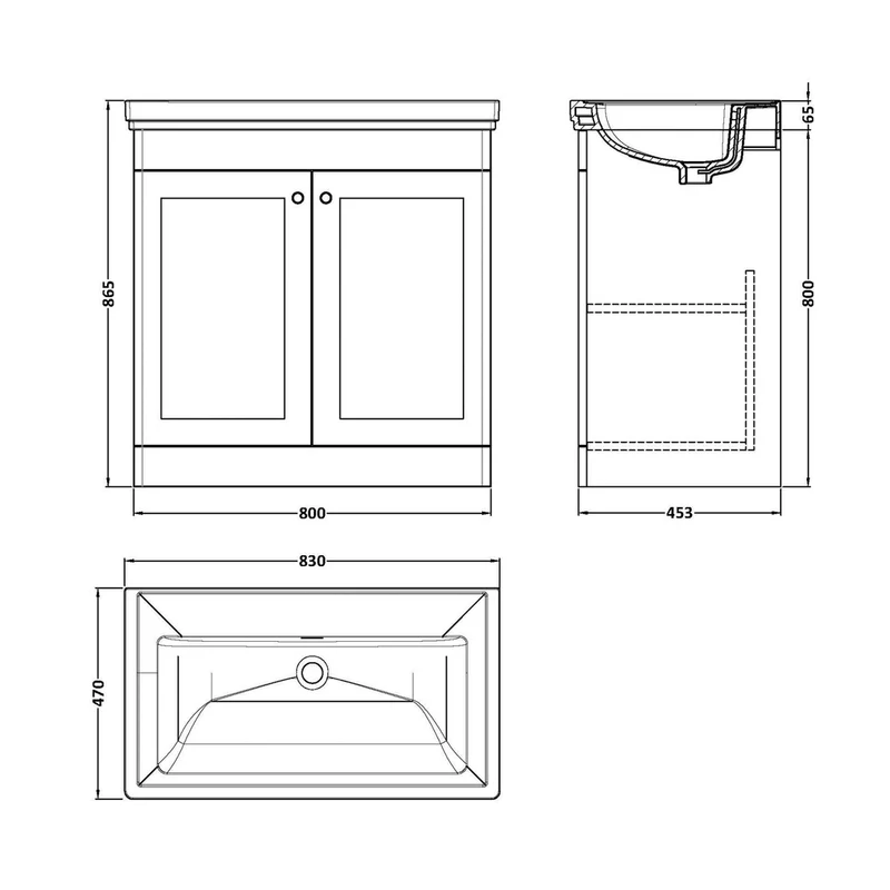Nuie Classique 800mm Floor Standing 2 Door Vanity & Basin 0th Traditional Satin White MFC Painted Matt 821x830x470mm