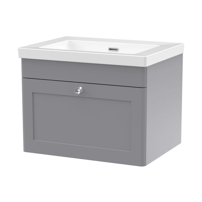 Nuie Classique 600mm Wall Hung 1-drawer Vanity With Basin - 0 Tap Hole Traditional Satin Grey Fireclay 476x613x462mm