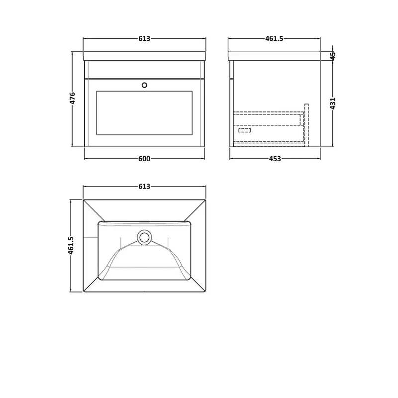 Nuie Classique 600mm Wall Hung 1-drawer Vanity With Basin - 0 Tap Hole Traditional Satin Grey Fireclay 476x613x462mm
