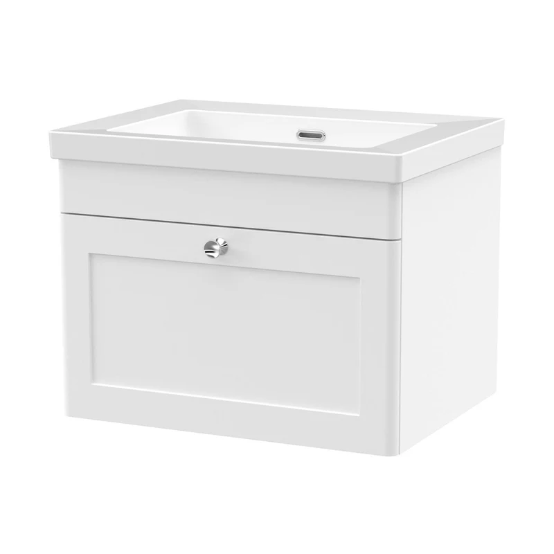 Nuie Classique 600mm Wall Hung 1-drawer Vanity With Basin - 0 Tap Hole Traditional Satin White Fireclay 476x613x462mm