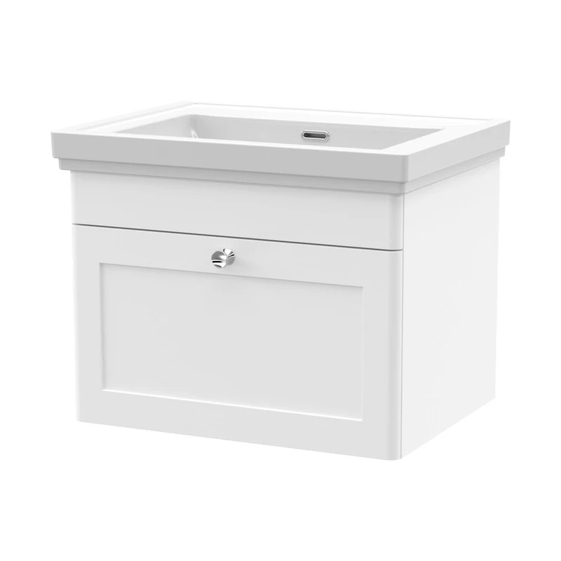 Nuie Classique 600mm Wall Hung 1 Drawer Vanity & Basin 0th Traditional Satin White MFC Painted Matt 452x630x471mm