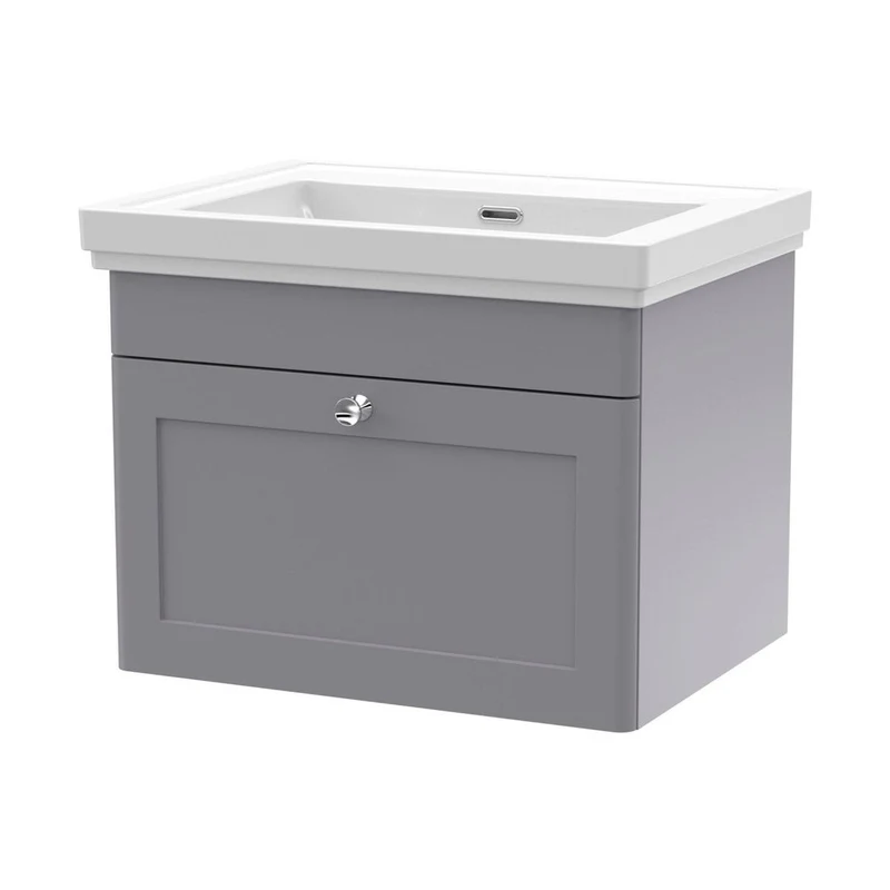 Nuie Classique 600mm Wall Hung 1 Drawer Vanity & Basin 0th Traditional Satin Grey MFC Painted Matt 452x630x471mm