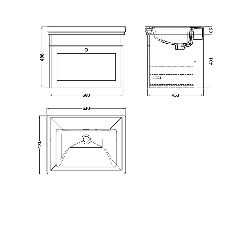 Nuie Classique 600mm Wall Hung 1 Drawer Vanity & Basin 0th Traditional Satin Grey MFC Painted Matt 452x630x471mm