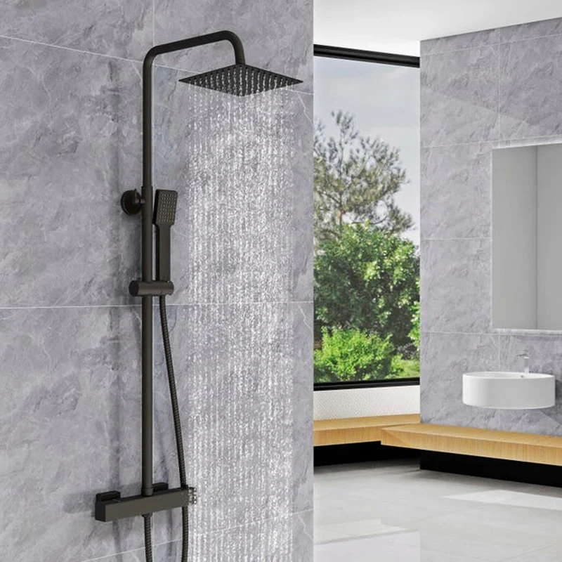 AICA Colonne de douche thermostatique, ensemble de douche, avec douchette à main/pomme de douche carrée, 38°C anti-brûlure, noir mat