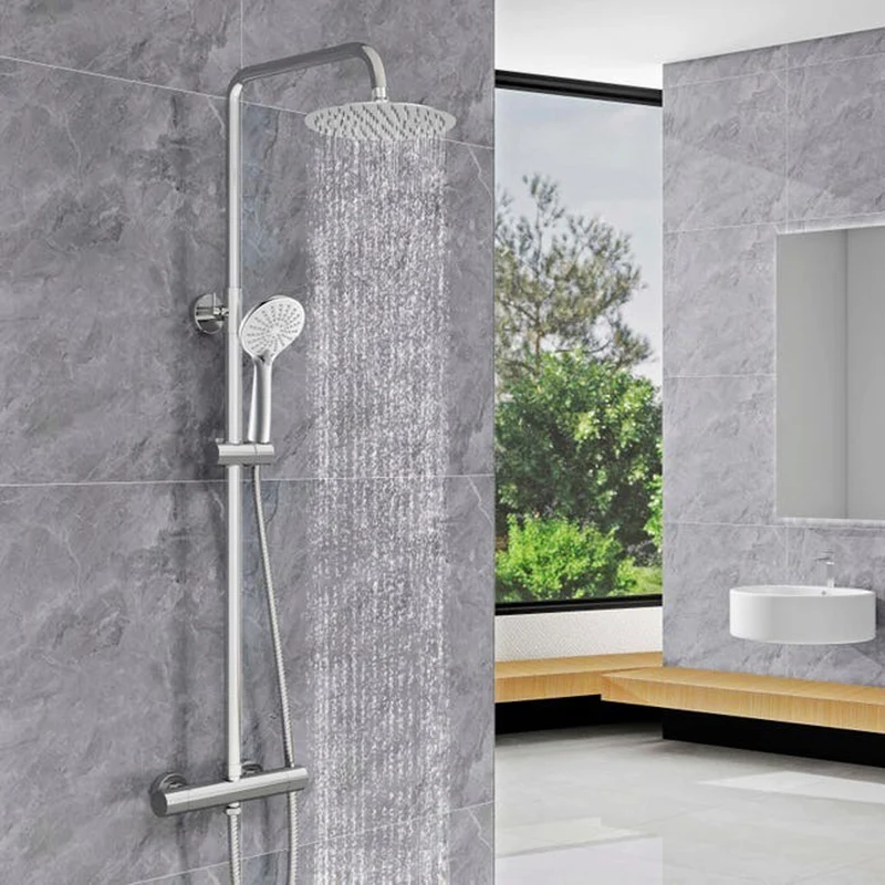AICA Colonne de douche thermostatique, pomme de douche 200 mm + 2 douchettes à main, chromée