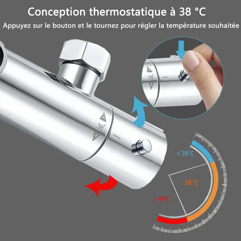 AICA Colonne de douche thermostatique, ensemble de douche, avec mitigeur, réglable en hauteur