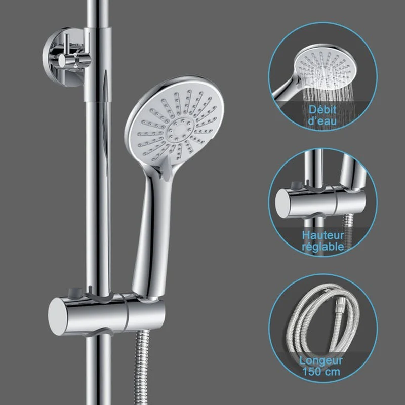 AICA Colonne de douche thermostatique, ensemble de douche, avec mitigeur, réglable en hauteur