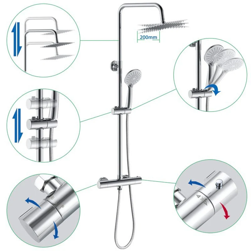 AICA Colonne de douche thermostatique, ensemble de douche, avec mitigeur, réglable en hauteur