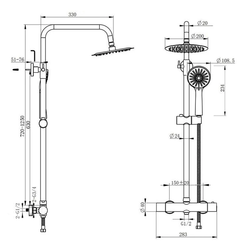 AICA Colonne de douche thermostatique noire, colonne de douche réglable en hauteur