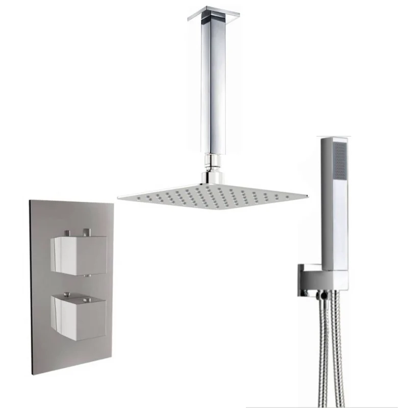 Square Twin Thermostatic Concealed Mixer Shower Kit with Ceiling Mounted 200mm Shower Head & Handset
